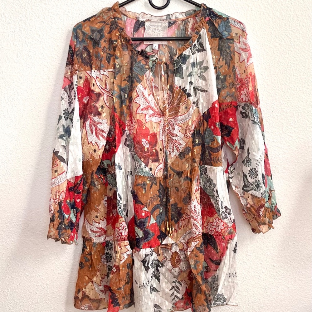 Johnny Was Tunic NWT Size XL Sheer Crinkle Patchwork Pattern, Ruffled Neck, Cuff